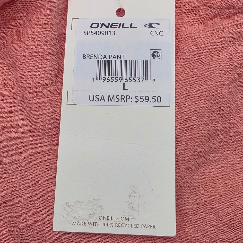 NWT O'Neill Brenda Pants Large Canyon Clay Pink Cotton Crinkle‎ Gauze Wide Leg